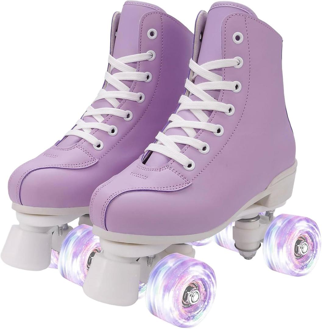 Women's Roller Skates Light Up Wheels, Adjustable Double Row Roller Skates Outdoor Shiny Derby Skates Illuminating for Teens and Youth (38-9.44in-(Women's 7.5 / Men's 6.5), Purple White1)