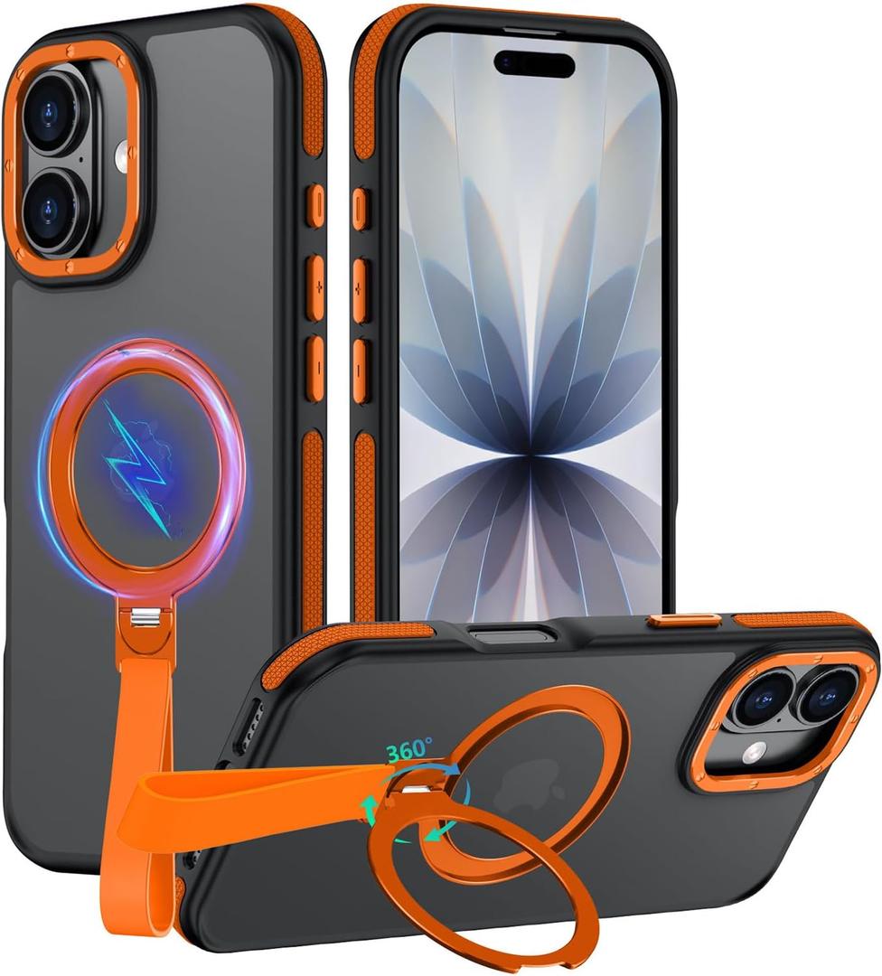 360Spin Magnetic Stand Compatible with iPhone 17 Case, Ring Holder&Kickstand with Silicone Strap[Fit for MagSafe], Mil-Grade Shockproof Protective Translucent Phone Case (Orange)