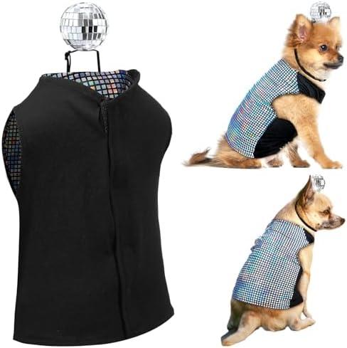Huhumy Disco Sequins Dog Costume Set Dog Holographic Shiny Shirt with Disco Ball Headband 80s 70s Party Pet Outfits Glitter Halloween Christmas Cosplay Clothes for Puppy Cat(S)
