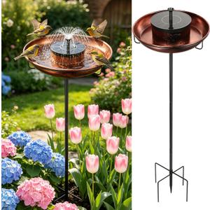 Metal Bird Bath with Solar Fountain for Outside, 38.8” Standing Metal Bird Bath, Removable Birdbaths Bowl with Ground Stake Outdoor Bird Bath for Garden, Yard, Patio, Lawn, 1 Gallon