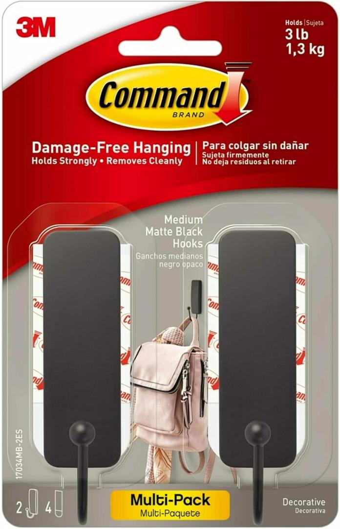 Command Medium Matte Black Wall Hooks, 2 Hooks and 4 Command Strips, Damage Free Hanging Wall Hooks with Adhesive Strips, No Tools Coat Hooks for Hanging Home Decor, Holds up to 3 lb