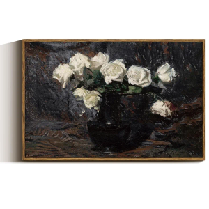 VIYYIEA Framed Canvas Wall Art Home Decor Vintage Botanical Print White Roses in Vase Rustic Farmhouse Flower Wall Decor Mid Century Pictures Decor Art Prints Floral Room Decor for Living Room 24x36in