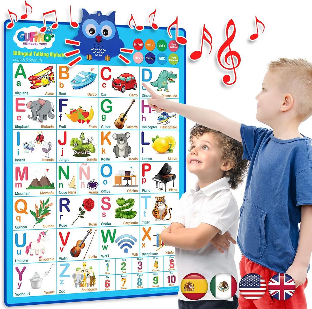 Gufino Alphabet Wall Chart - Bilingual Toys with Interactive Touch Buttons for Independent & Guided Learning - Ideal for Preschool Learning Activities & Spanish Classroom Supplies.