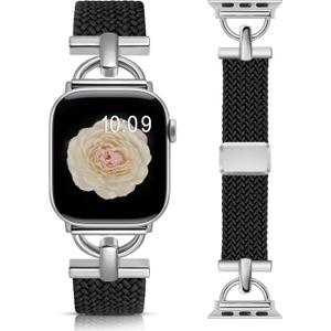 Wearlizer Braided Magnetic Band Compatible with Apple Watch Bands 42/46/38/40/41/44/45/49mm Women Men, Designer D-Shape Stretchy Elastic Nylon Strap for iWatch Series 11 10 9 8 7 6 5 4 SE/Ultra 3 2 1 (Black/Silver)