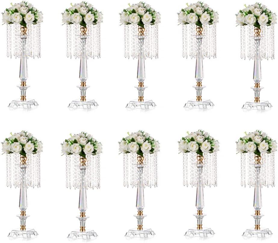 Wedding Centerpieces for Tables Acrylic Vase - 19.7in Tall Flower Stand for Wedding, Clear Flower Vase Bulk with Chandelier Crystals, Centerpiece Table Decorations for Birthday, Home Decor, 10 Pcs
