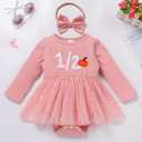IMEKIS Halfway to One Baby Girl: Fall Half Birthday Outfit 6 Months Cake Smash Photoshoot Infant Thanksgiving Dress Romper Long Sleeve Tulle Tutu Autumn Party Pink Pumpkin 1/2 3-6 Months