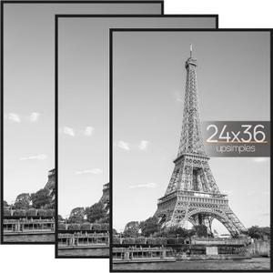 Upsimples 24x36 Poster Frame Black 3 Pack, Scratch-Proof Picture Frames 24 x 36 for Photo Gallery - Slide-In Strips, Horizontal or Vertical Wall Mounting