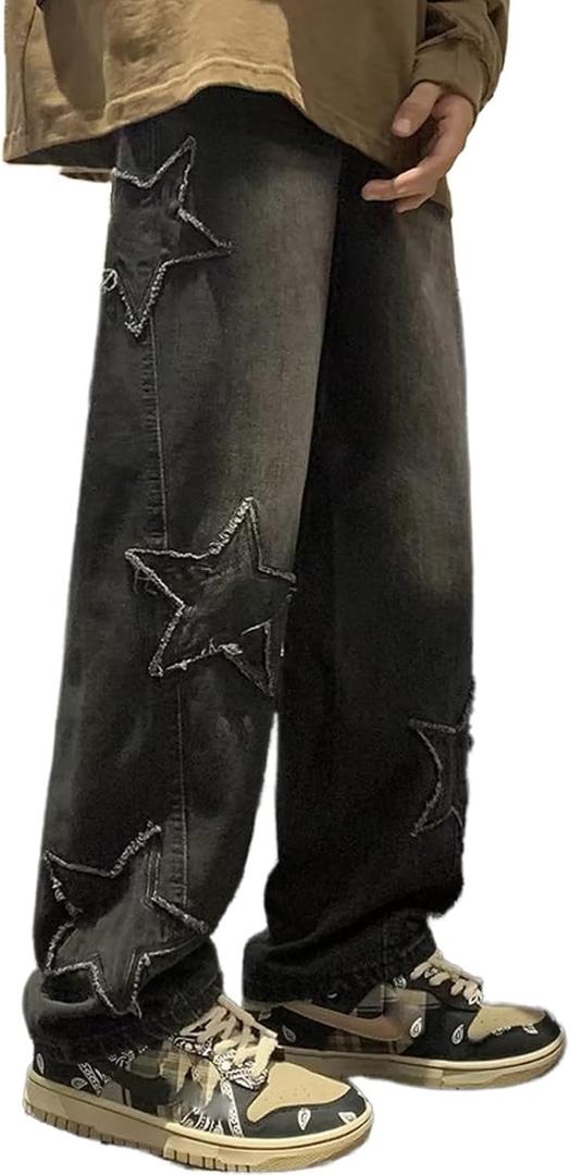 Mens Y2k Star Jeans High Waisted Hip Hop Streetwear Jeans Loose Baggy Embroidery Aesthetic Harajuku Denim Pants XS 