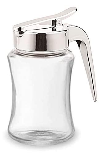 J&M DESIGN Glass Syrup Dispenser Bottle for Maple Syrup, Honey Pot or Sugar Jar W/Handle Shaker For Pancakes, Coffee, Cereal Bowl, Tea Pour Spout Lid Easy Spoon Measure 7.5oz Container Holder