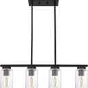 Black Kitchen Island Light with Seeded Glass Shade, 4-Lights Farmhouse Chandelier Ceiling Pendant Lighting Fixture for Dining Room