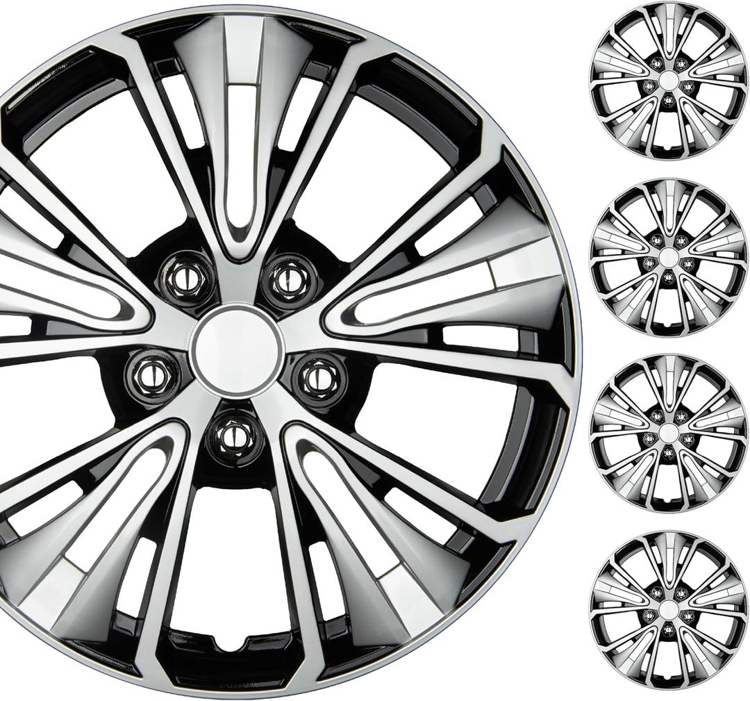 BDK 16 Inch Hubcaps Set of 4 OEM Replacement Snap-On Wheel Rim Covers - Universal Fit Car Wheel Cover for Cars, Trucks, SUV, Vans Durable ABS Black & Silver 5-Spoke Hub-Cap Car Accessories Exterior