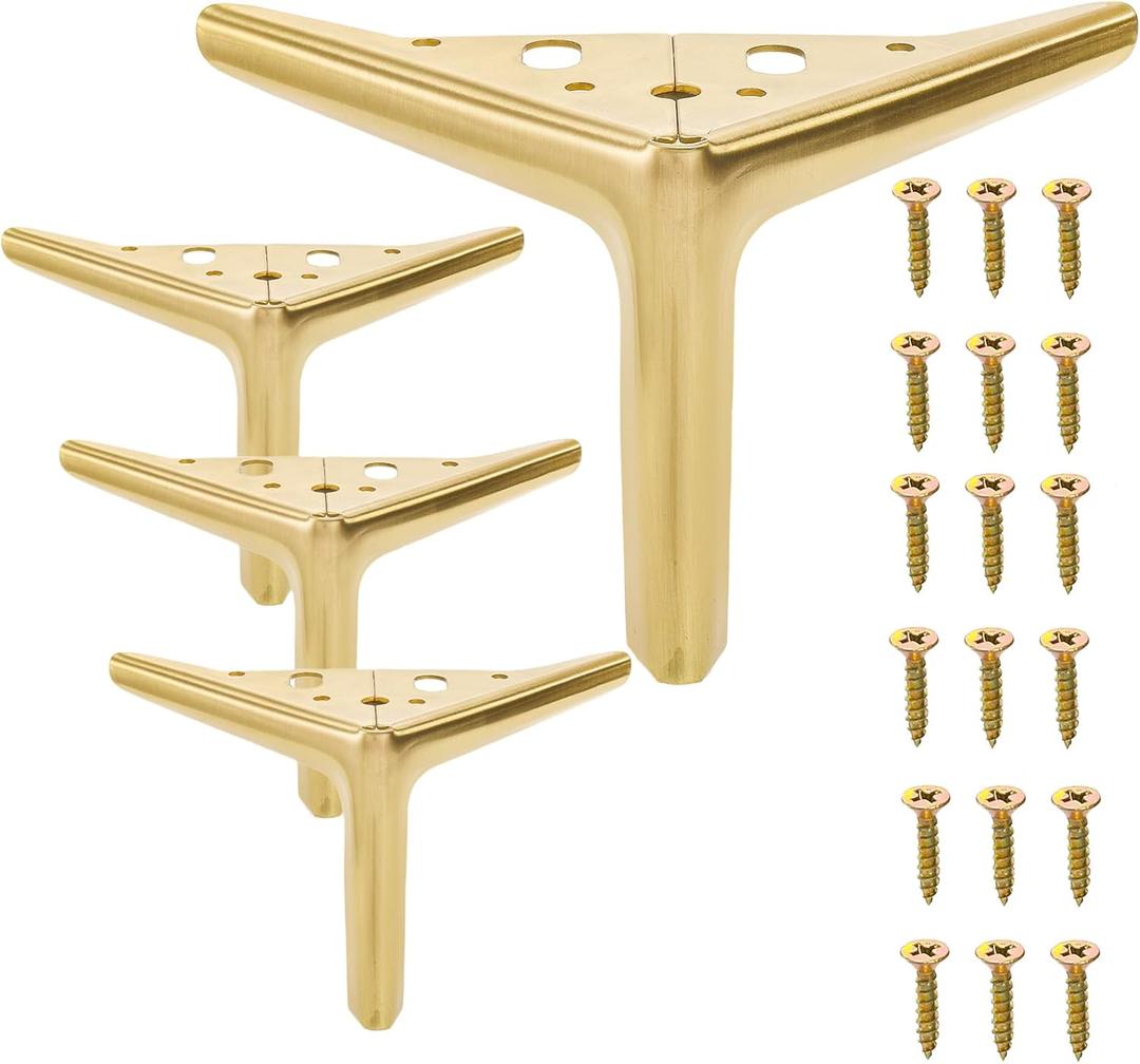 Set of 4 Legs for Furniture, 5 Inch Brushed Gold Furniture Legs, DIY Replacement Sofa Legs Feet, Modern Triangle Metal Table Legs for Cabinet Cupboard Couch Chair Dresser Risers (Medium)