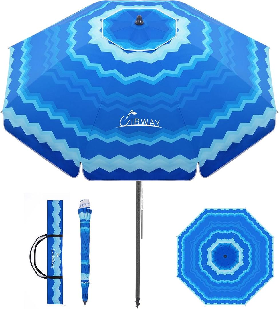 UIRWAY Beach Umbrella, Heavy Duty Windproof Beach Umbrellas with Sand Anchor & Tilt, Sun Protection Portable Beach Umbrella with Carrying Bag for Beach, Patio Garden Pool Outdoor