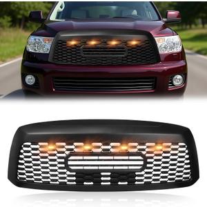 Upgraded Matte Black Front Grille for 2008-2017 Sequoia, [TRD Style] with 4 Amber Grill Lights, Sequoia Grille Front Upper Hollow Bumper Grill