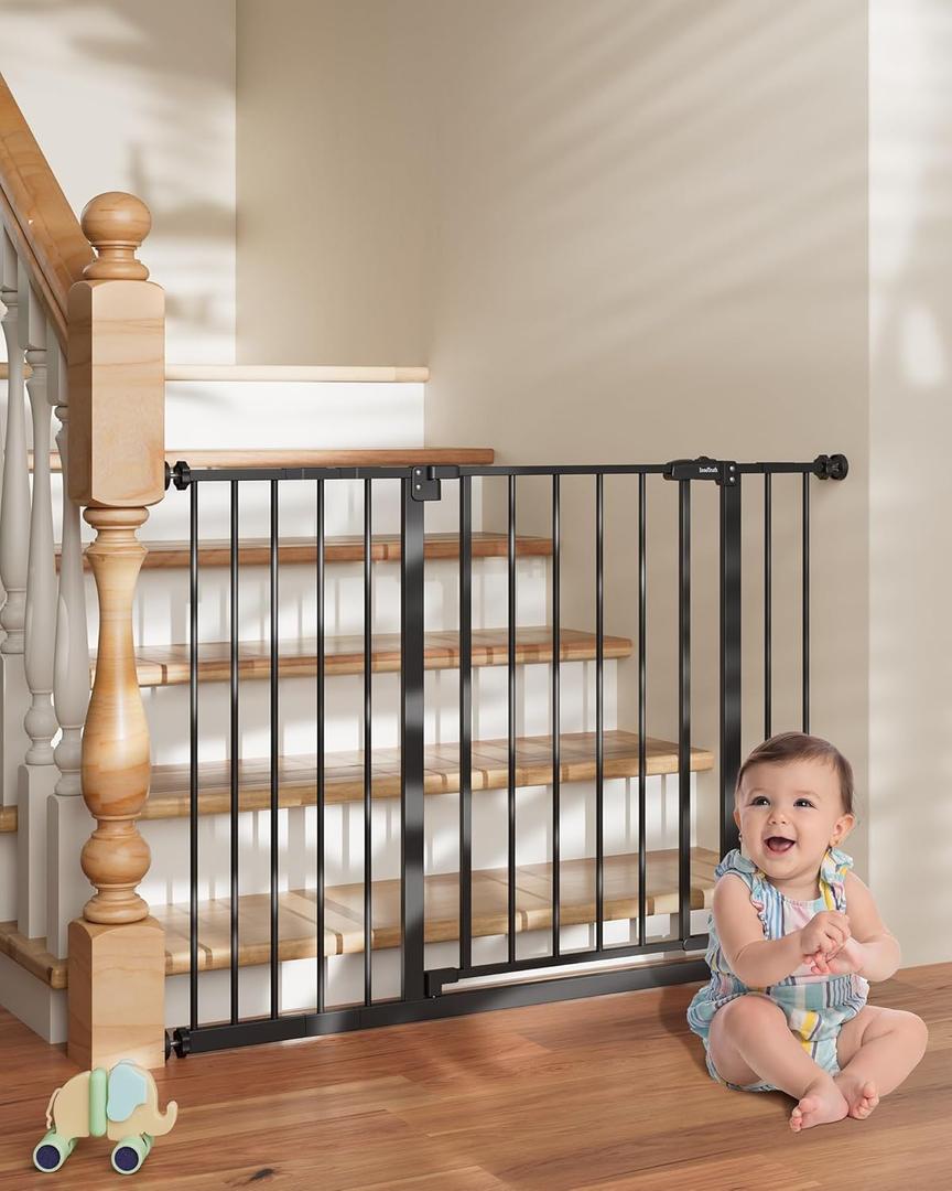 InnoTruth 28.9-45.3" Baby Gate for Stairs, 30" Tall Dog Gate for the House One-Hand Opening, Baby Essencial New Parents Puppy Door,Easy Install Dual Lock Dog Gates for Doorways, Kitchen, Bedroom,Black