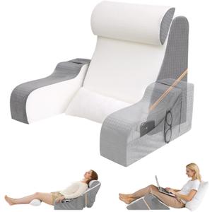 5PCS Reading Pillow for Sitting in Bed Adult, 2 in 1 Foldable Back Wedge Pillow for Sleep, Ergonomic Back Support Pillow with Arms for Watching TV, Gaming, Working, Recovery, 19 White/Grey