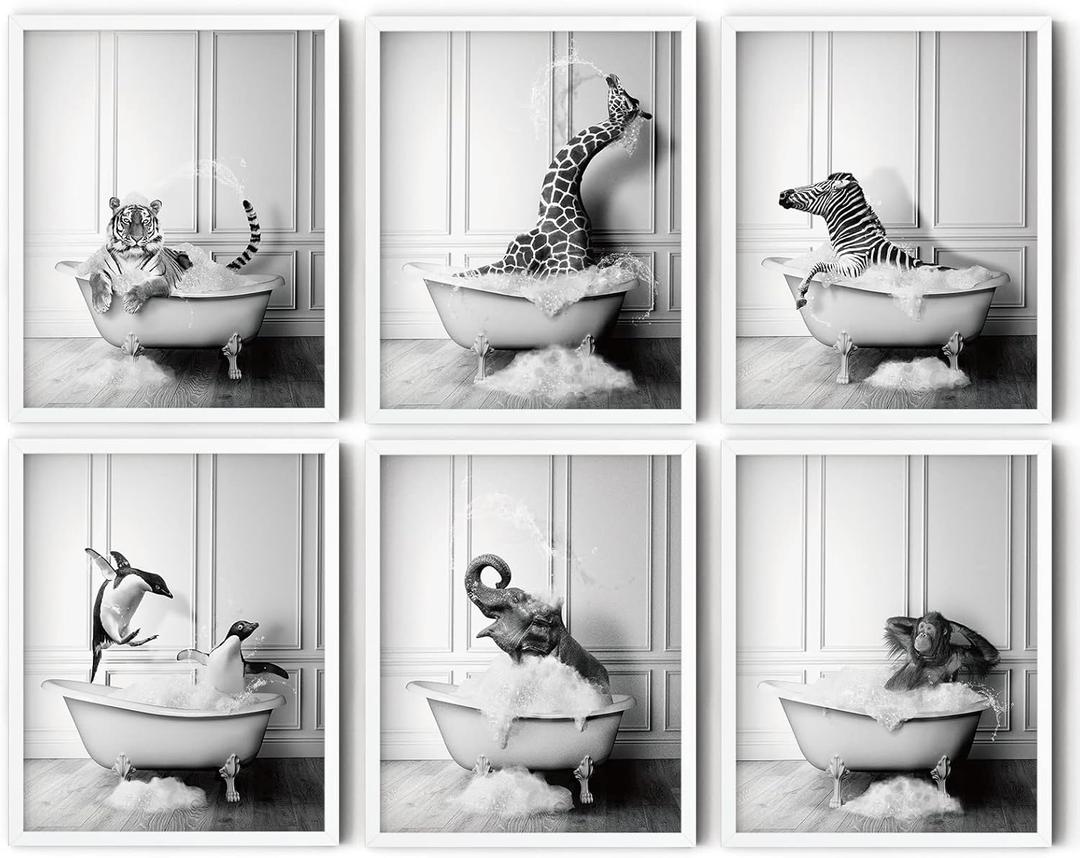 Funny Bathroom Decor Wall Art Cute Black and White Animals in Bathtub Rustic Farmhouse Home Wall Decor Giraffe Penguin Elephant Pictures Prints for Living Room Kids Bathroom,(6PCS, 8"x10", Unframed)