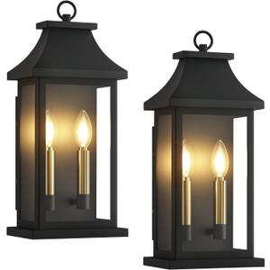 tewei 18'' Outdoor Wall Lights, Porch Light Outdoor Wall Sconce Lantern, 2-Light Black Exterior Lighting Fixture Wall Mount E12 Gold Base, Outside Light for House Backyard Garage, 2-Pack