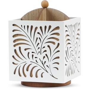 Rotating Utensil Holder for Kitchen Counter, Wood Utensil Organizer Silverware Organizer Rustic Cutlery Holder Utensil Crock, White Flatware Organizer Utensil Caddy for Forks, Spoons, Knives