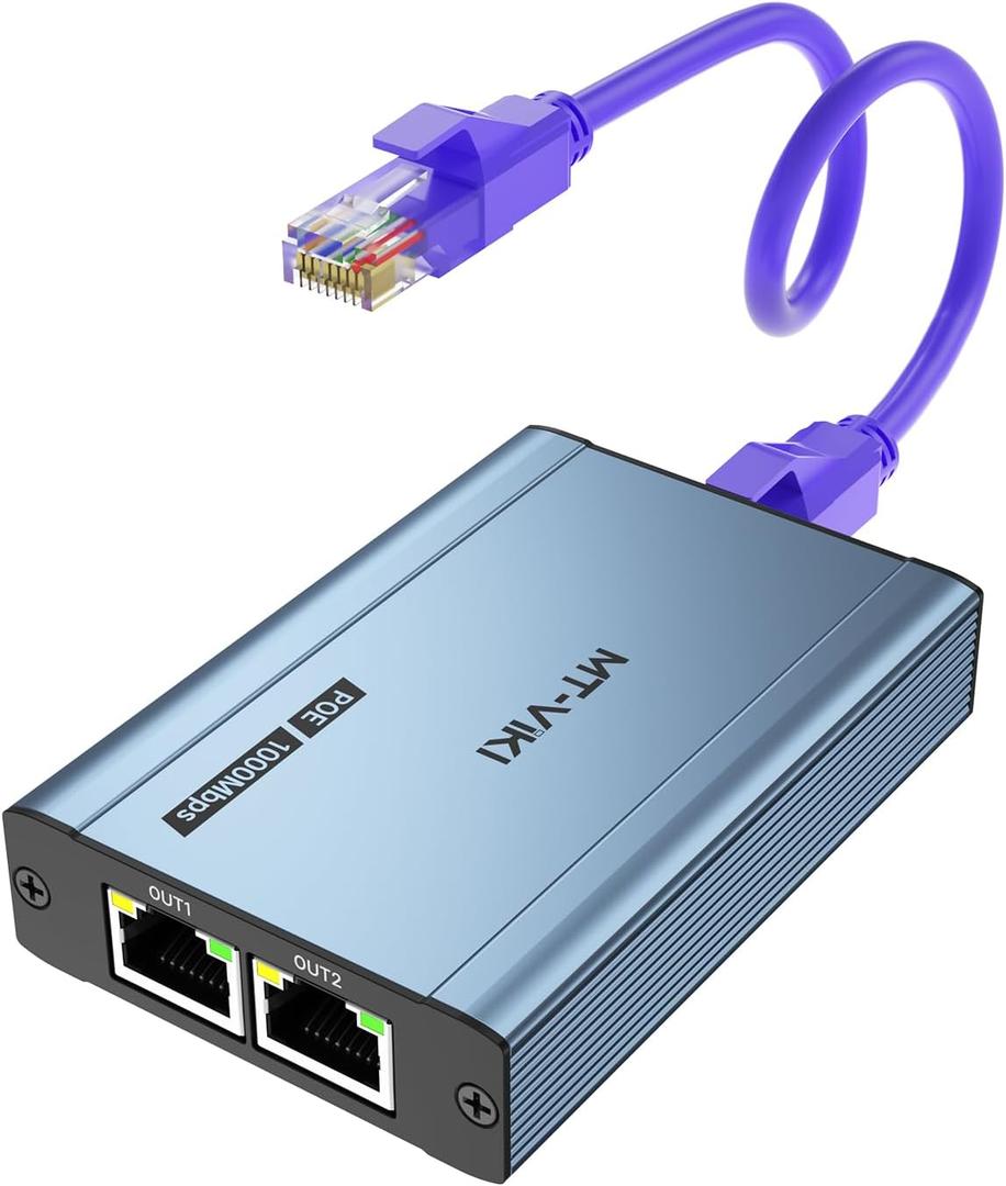 MT-VIKI 48V POE Ethernet Splitter 1 to 2 1000Mbps, 60W (No Power Supply Required), POE Gigabit Dual RJ45 Splitter for Cat5e/6/7/8 Cable, Work with POE IP Camera, POE Switch and More