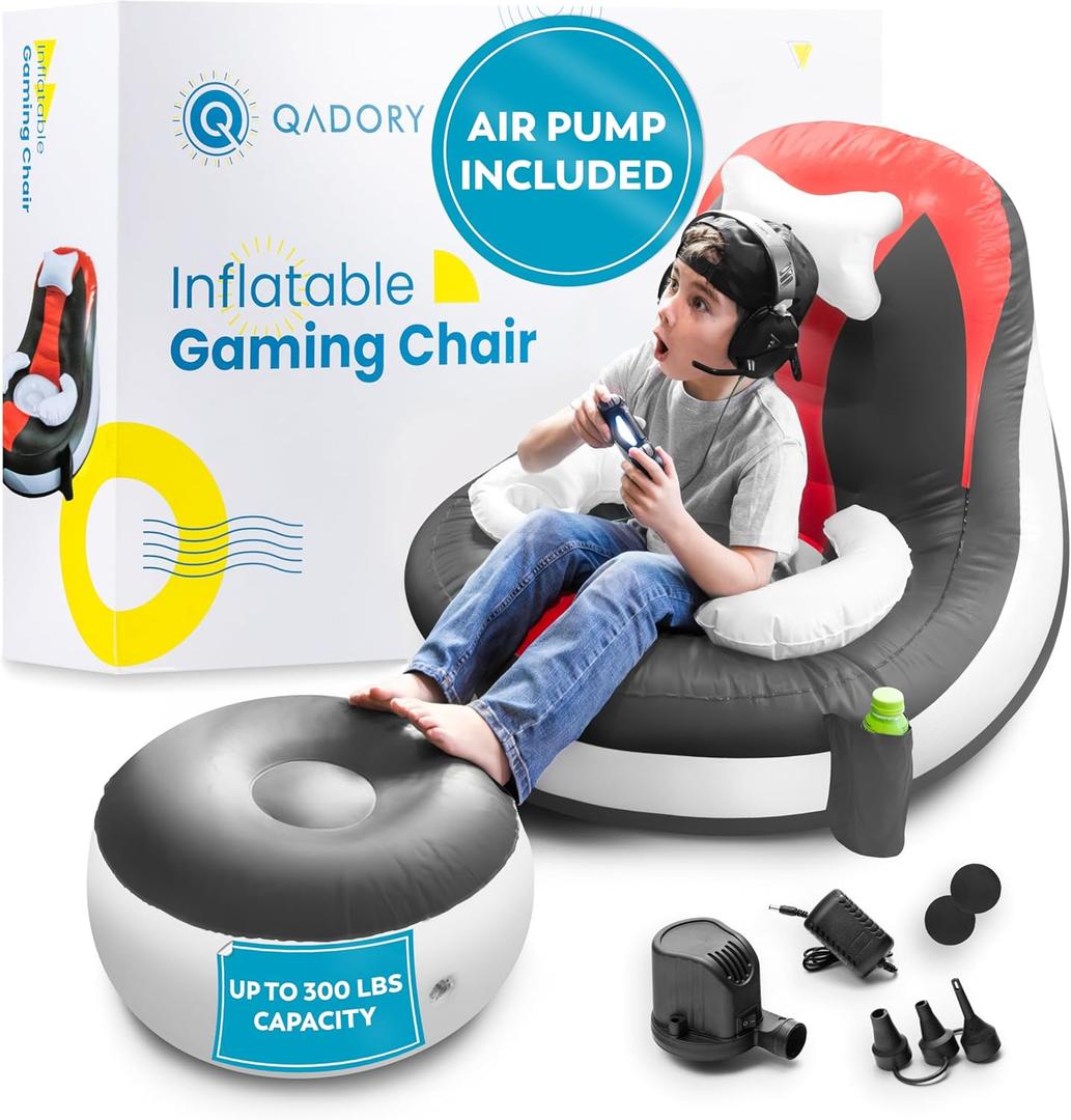 Inflatable Gaming Chair for Kids  Supports Up to 300 lbs, Includes Air Pump, Cup Holder, 2 Pockets  Durable Bean Bag Seat, Comfy Kids Gaming Chair & Top Gamer Chairs for Kid Room (Red,charcoal Green)