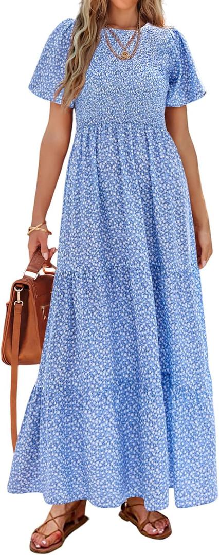 PRETTYGARDEN Women's 2026 Summer Casual Flutter Short Sleeve Boho Floral Maxi Dress Crew Neck Smocked Tiered Long Dresses (Blue, M)
