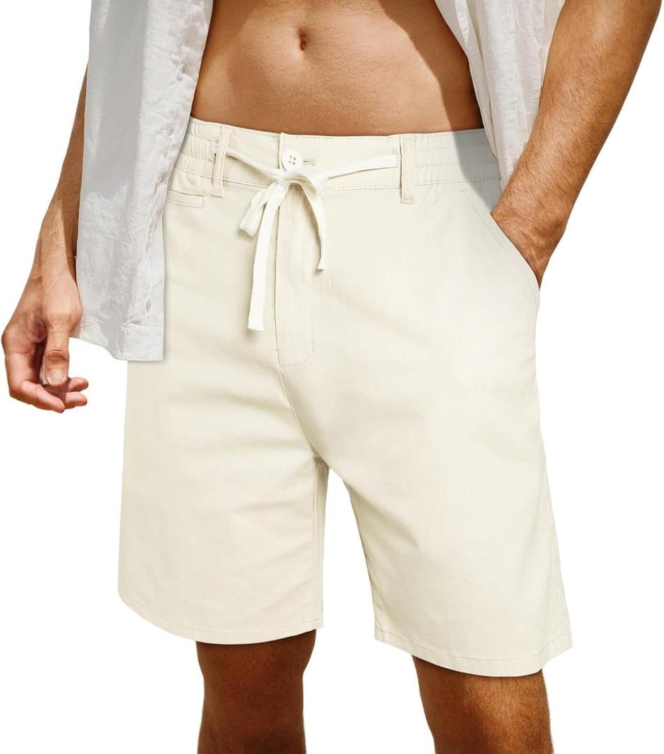Heyfanee Mens Cotton Linen Shorts Casual 7 Inch Inseam Stretch Summer Shorts for Men Lounge Beach Vacation (White)