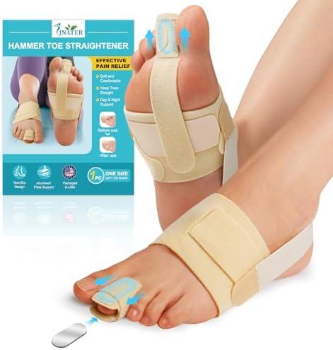 JNATER Hammer Toe Straightener for Women & Men - Non-Slip Hammer Toe Corrector, Adjustable Toe Splint for Hammer Toe, Curled Toes, Crooked Toes, Broken toe Support - Day & Night Relief (1 Compression Foot Wrap & 1 Strap, Beige)