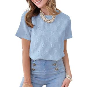Dokotoo Women's Tops Casual Scoop Neck Short Sleeve Eyelet Embroidered Hollow Out Blouses Shirts (Blue, S)