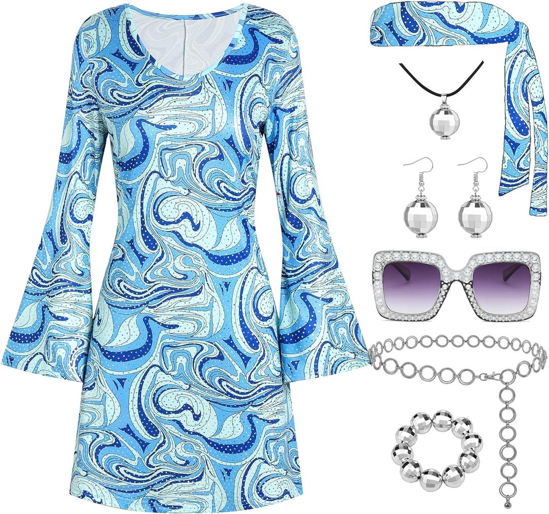70s Disco Outfit Women, 7 PCS 70's Disco Dress Costume Hippie Clothes Accessories Jewelry Halloween (Blue)