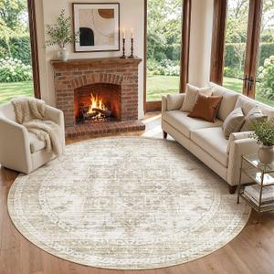 10ft Round Rugs for Living Room: 10x10 Washable Vintage Beige Area Rug, Non Slip Soft Stain Resistant Indoor Floor Carpet for Bedroom Dining Decor Home Office Kid & Pet Friendly