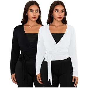 SweatyRocks Women's Y2k Pilates Wrap Tops Ballet Yoga Coquette Shirt Cute Long Sleeve Workout Activewear Large Plus, Black & White
