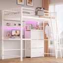 Decofy Twin Loft Bed with Desk and 6 Storage Drawers, Metal Loft Bed Twin Size with Charging Station & LED Lights, Bed Frame with Hanging Rod, Safety Ladder & Guardrail, Bedside Caddy for Kids, Teens