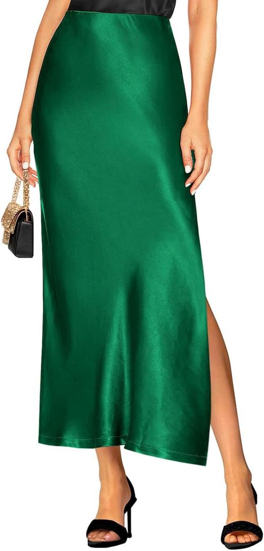 Women's 2025 Summer Satin Maxi Skirts High Waisted Spring Silk Casual A-Line Cocktail Party Long Skirt (Medium)