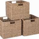 Seagrass Storage Baskets, 12X12X10in Cube Wicker Storage Basket for Shelves, Pantry Baskets Organization and Storage, Kitchen Storage Baskets, Bathroom Shelves Storage Basket Set of 3
