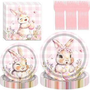 80Pcs Easter Paper Plates Napkins Forks Easter Tableware Set Flower Egg Bunny Disposable Dinnerware Religious Spring Picnic Favors Bunny Party Decorations (Pink-Bunny)