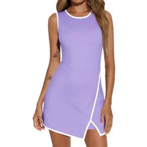 Fisoew Women's Workout Tennis Dress with Built-in Bra & Shorts Pockets Sleeveless Crewneck Golf Athletic Mini Dresses (Purple, XL)