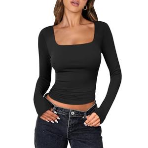 ANRABESS Women Double Lined Long Sleeve Crop Tops Shirts Square Neck Tight Fitted Going Out T-Shirt Basic Tee Outfits 2025 Black XS