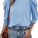 Tankaneo Womens 3/4 Length Sleeve Tops Dressy Casual Blouse Puff Sleeve Cute Trendy T Shirts with Smocked Cuffs (Blue)