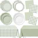 LemonRoad 100 Pcs Sage Green Gingham Paper Plates Napkins Plastic Tablecloth Set for 24, Green White Disposable Dinner Dessert Scalloped Plates for Baby Shower Picnic Birthday Party Supply Decoration