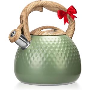 Hauce Radio Tea Kettle Stovetops, 2.5 Quart Food Grade Stainless Steel Water kettles for Stove Top Teatop with Anti-hot Ergonomic Handle,Suitable for All Heat Sources (Olive Green)