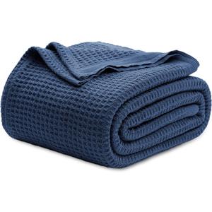 Bedsure Gentlesoft 100% Cotton Blanket Queen Size for Bed - Cooling Breathable and Soft for Summer, Thick Cozy Waffle Weave Blanket Gifts for Women, Navy, 90x90 Inches