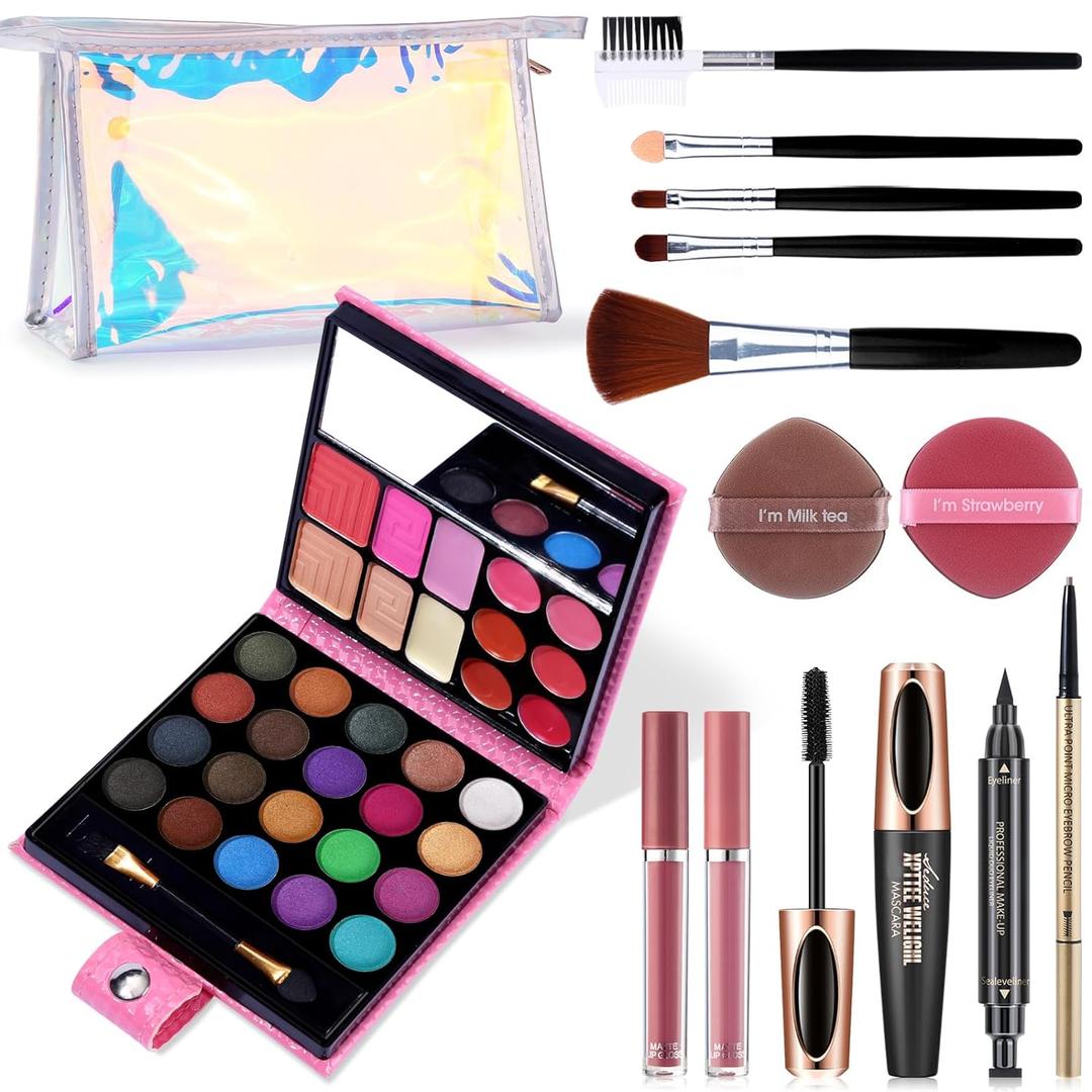 Makeup Set for Women Full Kit - 32 Colors Makeup Palette,5pcs Brushes Set, Mascara & Stamp Liquid Eyeliner, Eyebrow Pen, 2pcs Matte Liquid Lipsticks, 2 Powder Puff, 1 Cosmetic Bag Makeup Gift Set