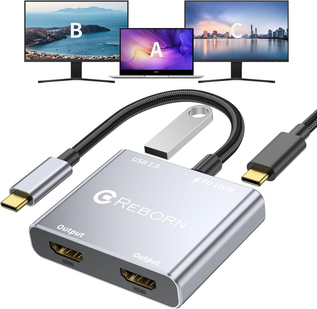 USB C to Dual HDMI Adapter | 4K@60Hz HDMI Splitter Extended Display for Dual Monitors, Multi-Monitor Adapter with USB and 100W PD, Windows Allows 3 Separate Screens, macOS Only Allows Mirror Mode