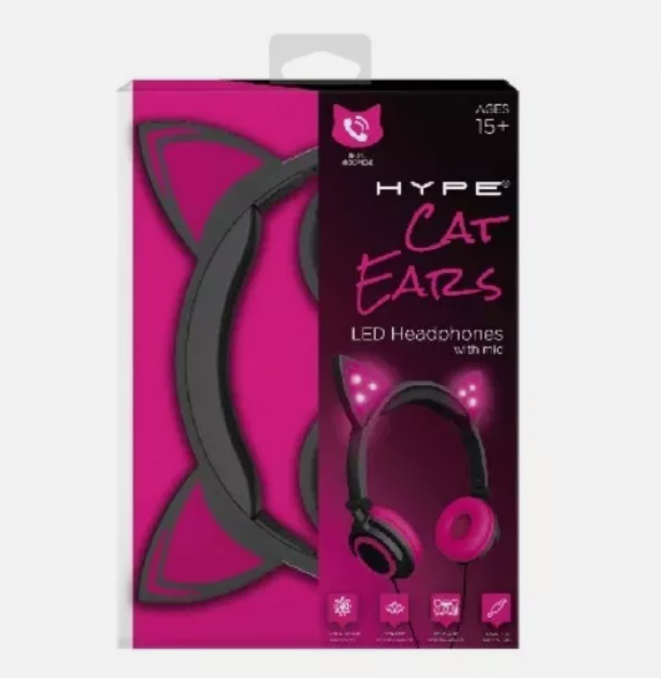 Hype Wired Pink LED Cat Ear Headphones with Mic, 3.5mm Jack Plug Fold & Swivel