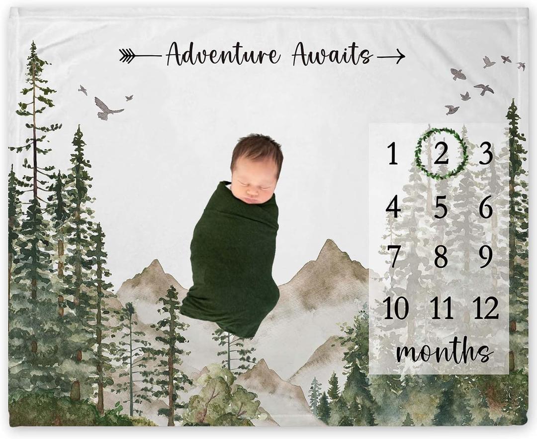 Yuzioey Adventure Awaits Milestone Blanket, Forest Mountain Baby Growth Chart Monthly Blanket, Watch Me Grow Woodland Mountain Tree Baby Nursery Shower(50"x40")
