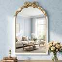 PERHOM 36"x24" Arched Decor Mirror, White Frame with Top Gold Bow