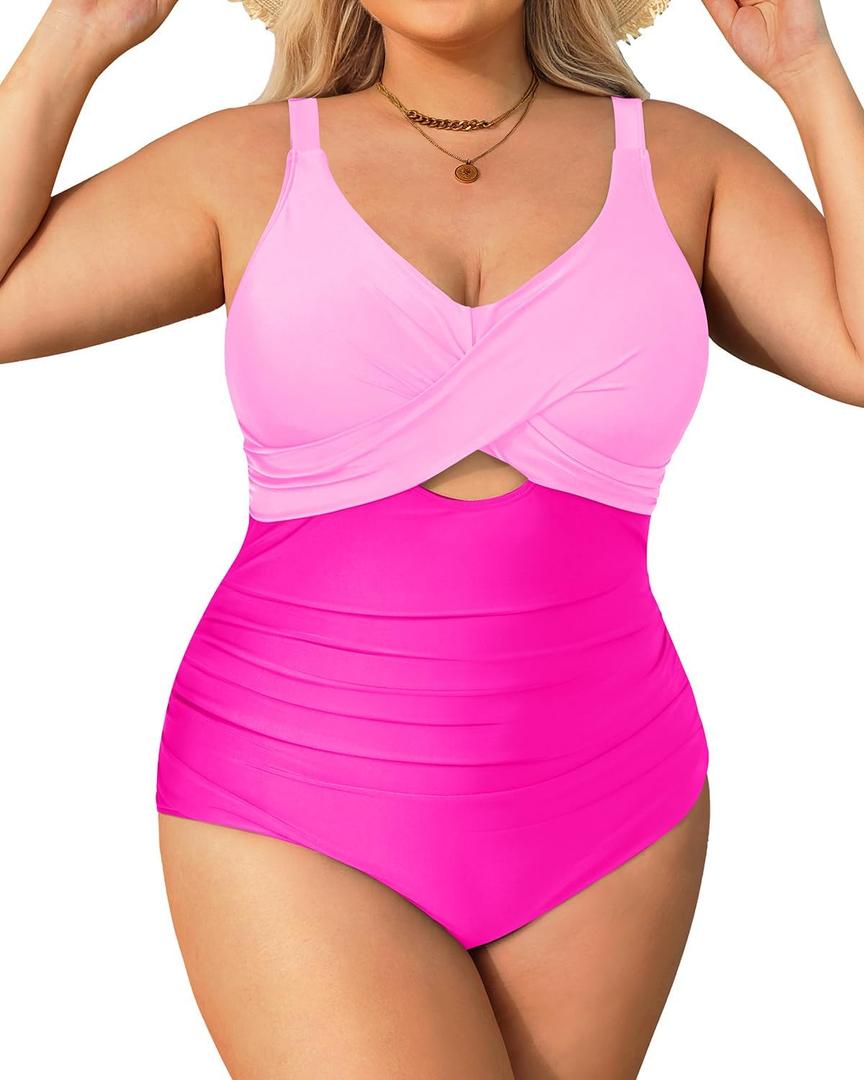 Daci Plus Size One Piece Swimsuits - Tummy Control Bathing Suit for Women Cutout Swimwear (Pink, XL)