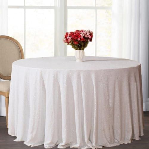 HMQIANG White Sequin Tablecloth, 132 inches,Round Glitter Table Cover for Wedding Party Events