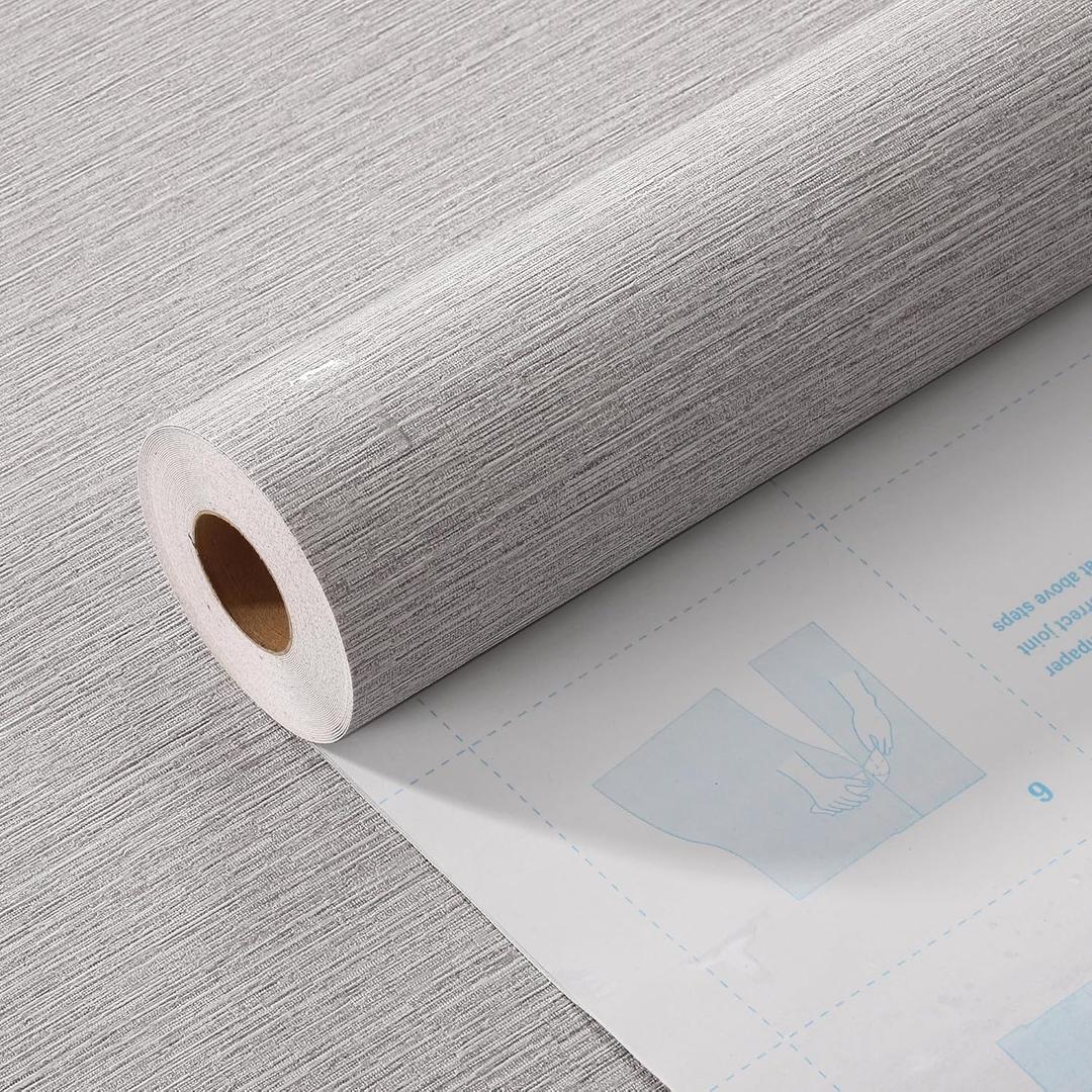 Haimin Grasscloth Wallpaper Peel and Stick 20.9in X 393in Fabric Contact Paper Wall Paper Textured Wallpaper Horizontal Stripes Look Self-Adhesive Thick Vinyl Embossed (Grey White)